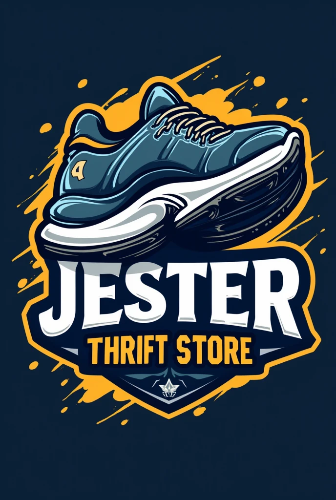 "Design a modern and dynamic store logo for a team named 'Jester Thrift Store'. The logo should feature a Sneaker theme, with a bold and energetic design. Include elements like a Sneaker or stumps subtly integrated into the design. The color scheme should be a mix of dark blue, silver, white, and yellow to convey power and agility. The team name 'Jester Thrift Store' should be prominently displayed in a stylish, sporty font. The overall look should be sharp, professional, and suitable for a advertisement and merchandise."