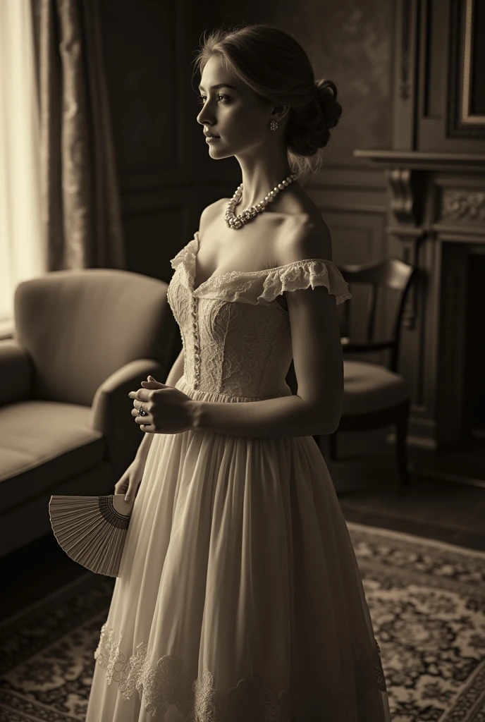styled: The photo should have a sepia or black and white effect to give the impression of antiquity..
enviroment: A background that refers to the 19th century, like a living room with dark wood furniture, heavy curtains and an oriental rug.
charachter: Justina may be portrayed as a 40-year-old woman, believer in a long, elegant dress of the time, maybe with lace details. Your hair can be tied up in a bun or in soft waves..
Accessories: A pearl necklace or a brooch on the dress, and maybe a fan in your hand.
expression: A soft, thoughtful look, reflecting the delicate and introspective personality of Bentinho's cousin.