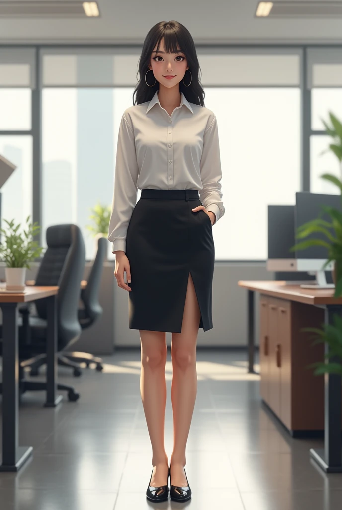 girl standing in office with an office drees on black skirt and white shirt 20 year old breast size C cup hip ratio 0.69 black hair