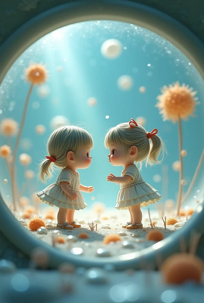 Images captured under an electron microscope show chibi girl characters trying to convey something, round cropped image, conceptual installation art, (ultra detailed, absolutely resolution, best quality:1.3), 2.5D, delicate and dynamic effects, artistic, hyper, graphic CG digital fantasy art