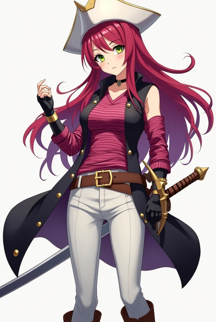 oc anime female, human race, long loose wine-colored red hair and eyelashes of the same color, greenish eyes, fair skin and a somewhat robust body, white musketeer hat, magenta striped sleeveless shirt, black sleeveless coat, white pants, brown leather boots, disconnected shoulder sleeves of the same color as the shirt, black fingerless gloves and a pirate sword.