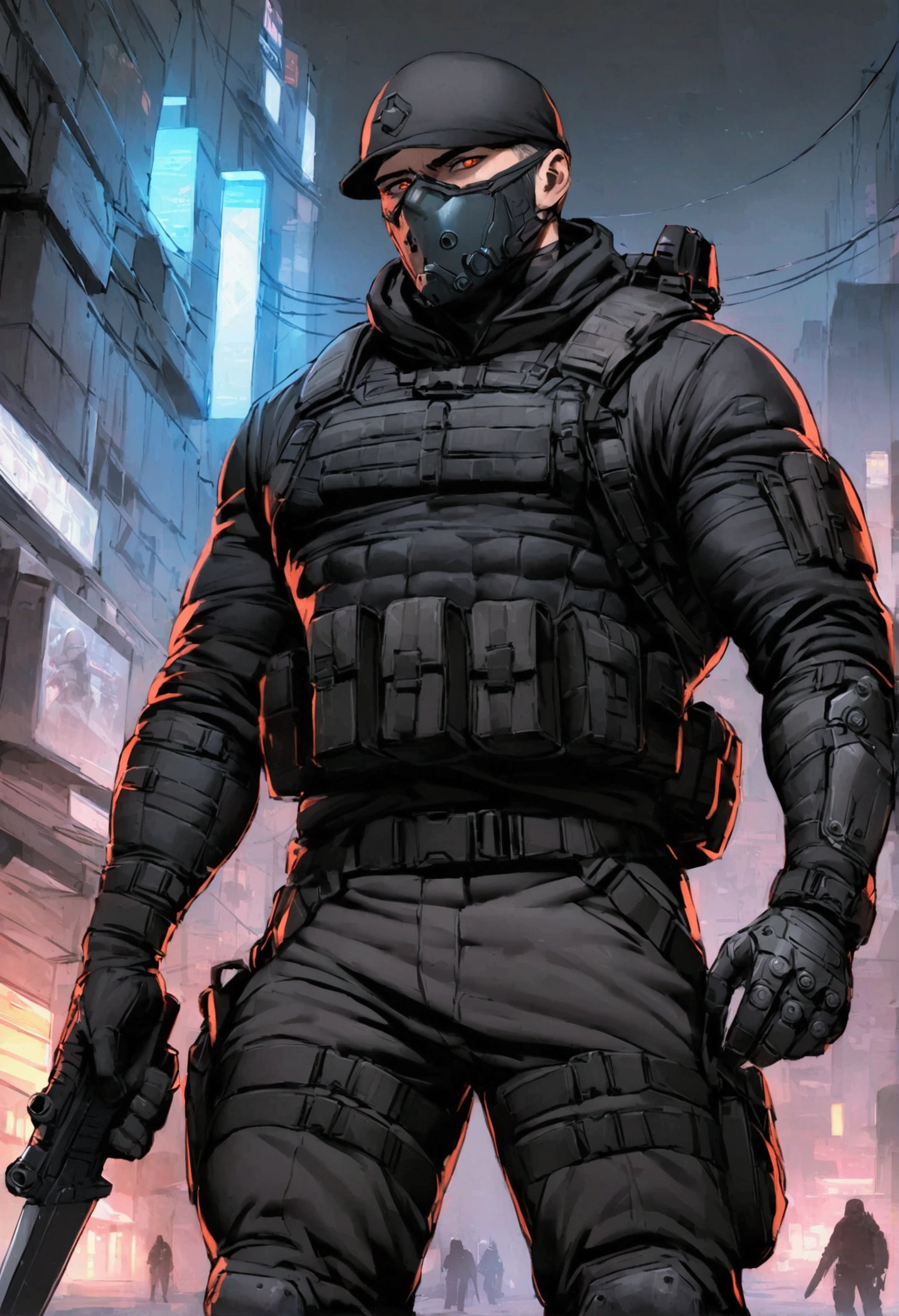 high detailed, Male, full mouth mask, height is 6'0, dark crimson orange eyes, mid-back length messy black hair, muscular physique, a Ventec tactical goggles, Winter Soldier gloves, Black tactical vestCondor, black H-Harness, Black cargo pants, Winter Soldier prosthetic arm, Black SWAT belt, Rubber knife with sheath, Black tactical leg holster, Black knee pads, & Black combat boots. Halfbody view, mercenary, black jacket, cyberpunk, tactical soldier, webbing rig, Cyberpunk, tactical gear, cyberpunk, Male, Man, Masculine man, Winter Soldier mask