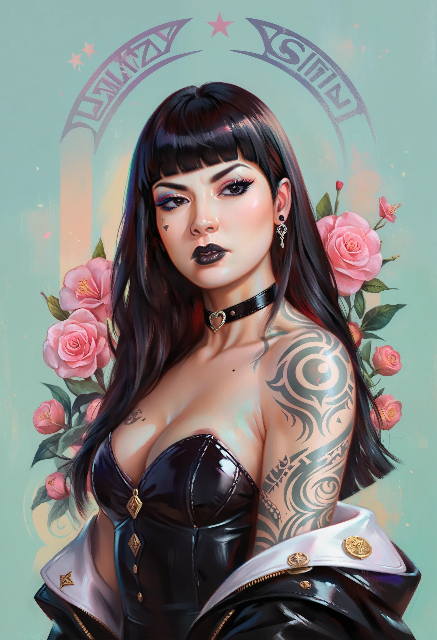 score_9, score_8_up, score_7_up, score_6_up, score_5_up, score_4_up, best aesthetic, high quality, detailed background, Asian, mafia business outfit, , sunny, lovely, hime cut hair, scowl, black lips, black eyes, tattoos
