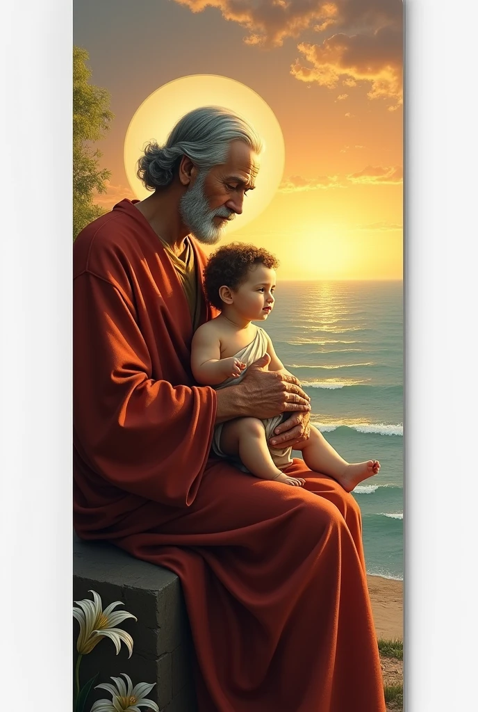 Bookmark of Saint Joseph with Jesus on his lap, from beside, the sea with sunset
