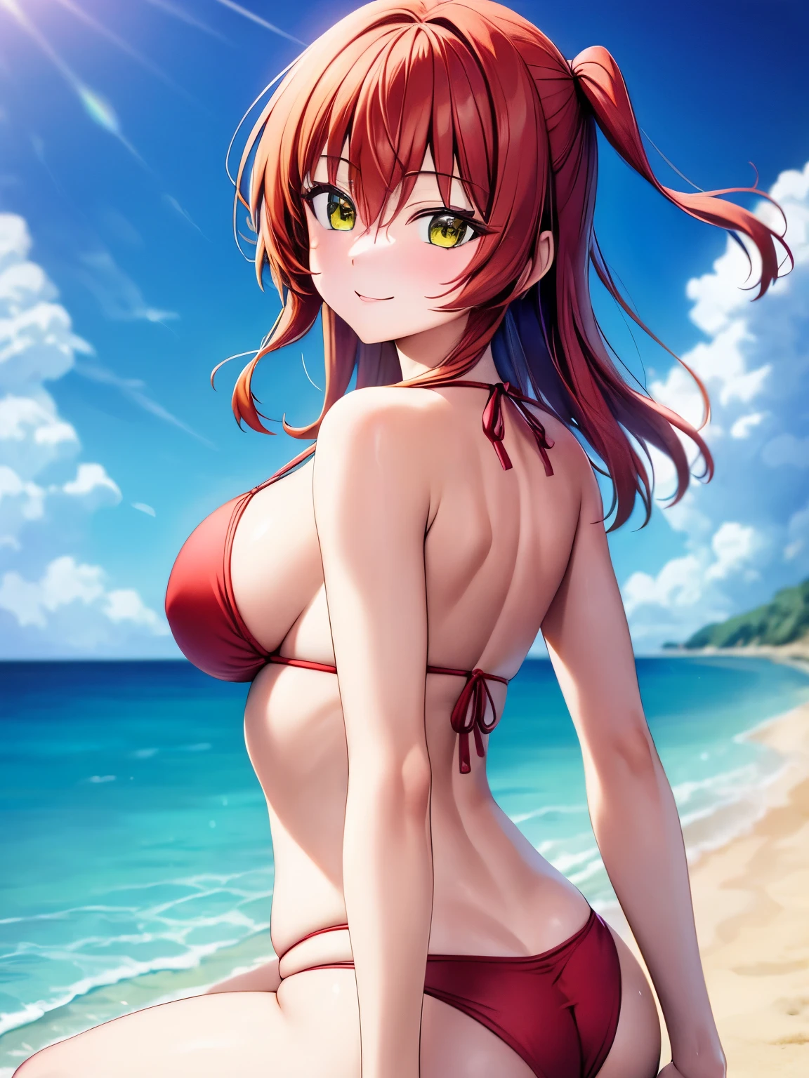 (masterpiece, Highest quality: 1.2), Close-up photo, Anime girl with red hair and a red bikini, Greenish-yellow eyes, Smile at me, Sit on the beach, Very detailed, Highest quality, Perfect Face , Very high quality, Very detailed, She is 1, cheeks are bright red, I can see your , (Perfect hands, Perfect Anatomy), Kita Ikuyo, I'm smiling at you、