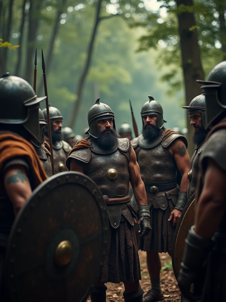 A group of Gallic warriors, in traditional tribal armor with varied expressions, ancient Gallic era, in battle attire with shields and spears, in a dense forest clearing, the warriors discussing strategy with visible tension, the forest canopy creating a shadowy atmosphere, wide shot, hyper-realistic, photo realism, cinematography -- ar 9:16