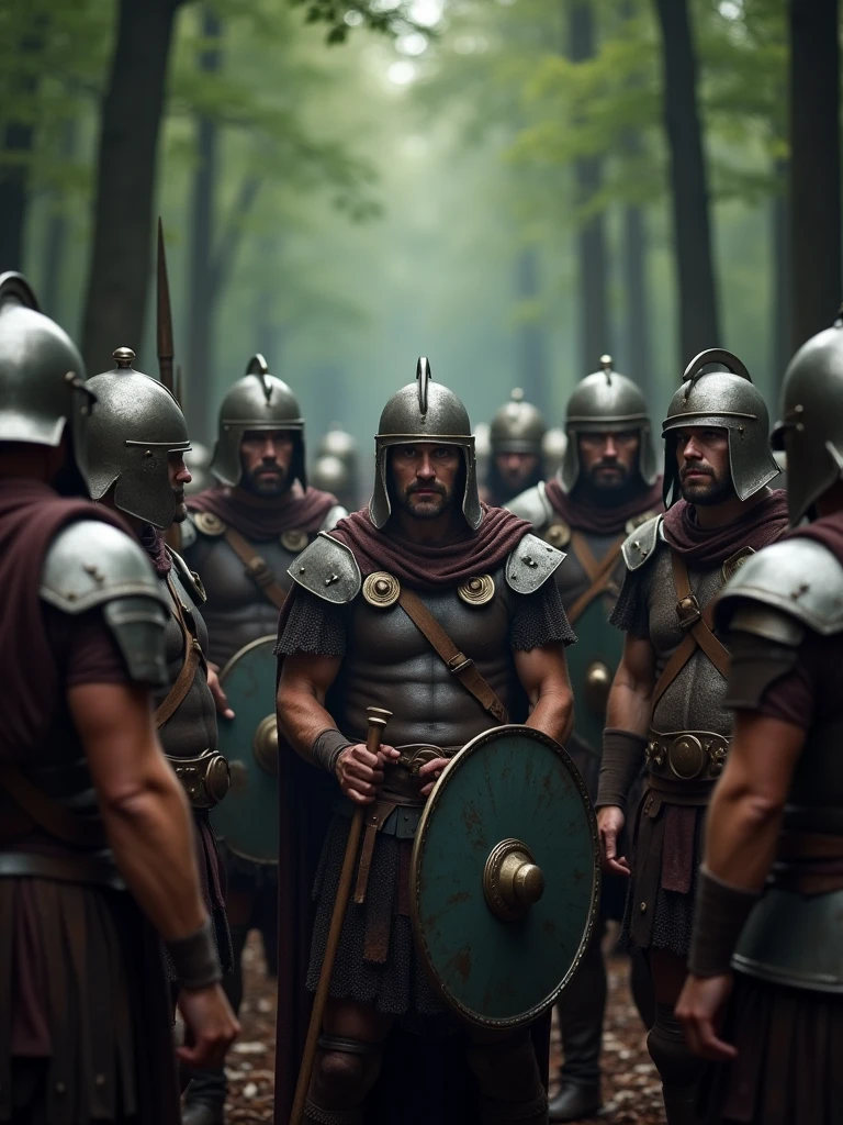 A group of Gallic warriors, in traditional tribal armor with varied expressions, ancient Gallic era, in battle attire with shields and spears, in a dense forest clearing, the warriors discussing strategy with visible tension, the forest canopy creating a shadowy atmosphere, wide shot, hyper-realistic, photo realism, cinematography -- ar 9:16
