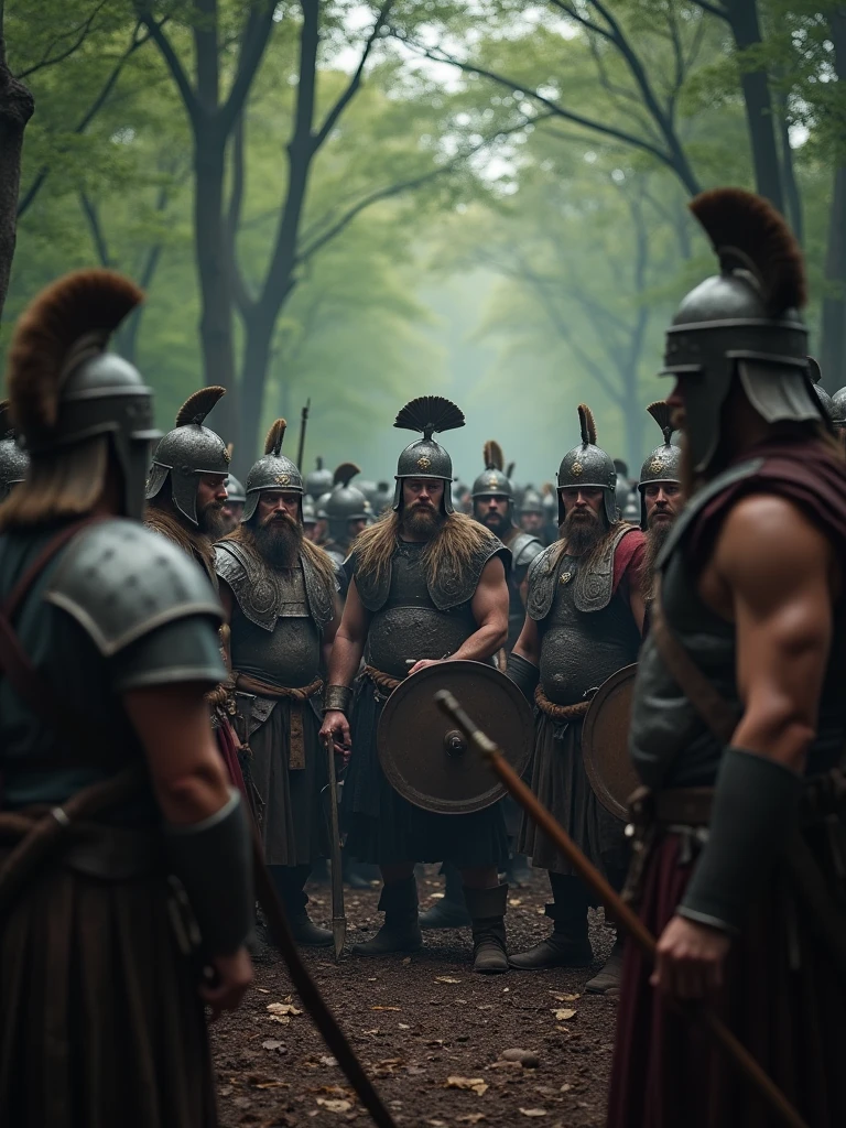 A group of Gallic warriors, in traditional tribal armor with varied expressions, ancient Gallic era, in battle attire with shields and spears, in a dense forest clearing, the warriors discussing strategy with visible tension, the forest canopy creating a shadowy atmosphere, wide shot, hyper-realistic, photo realism, cinematography -- ar 9:16