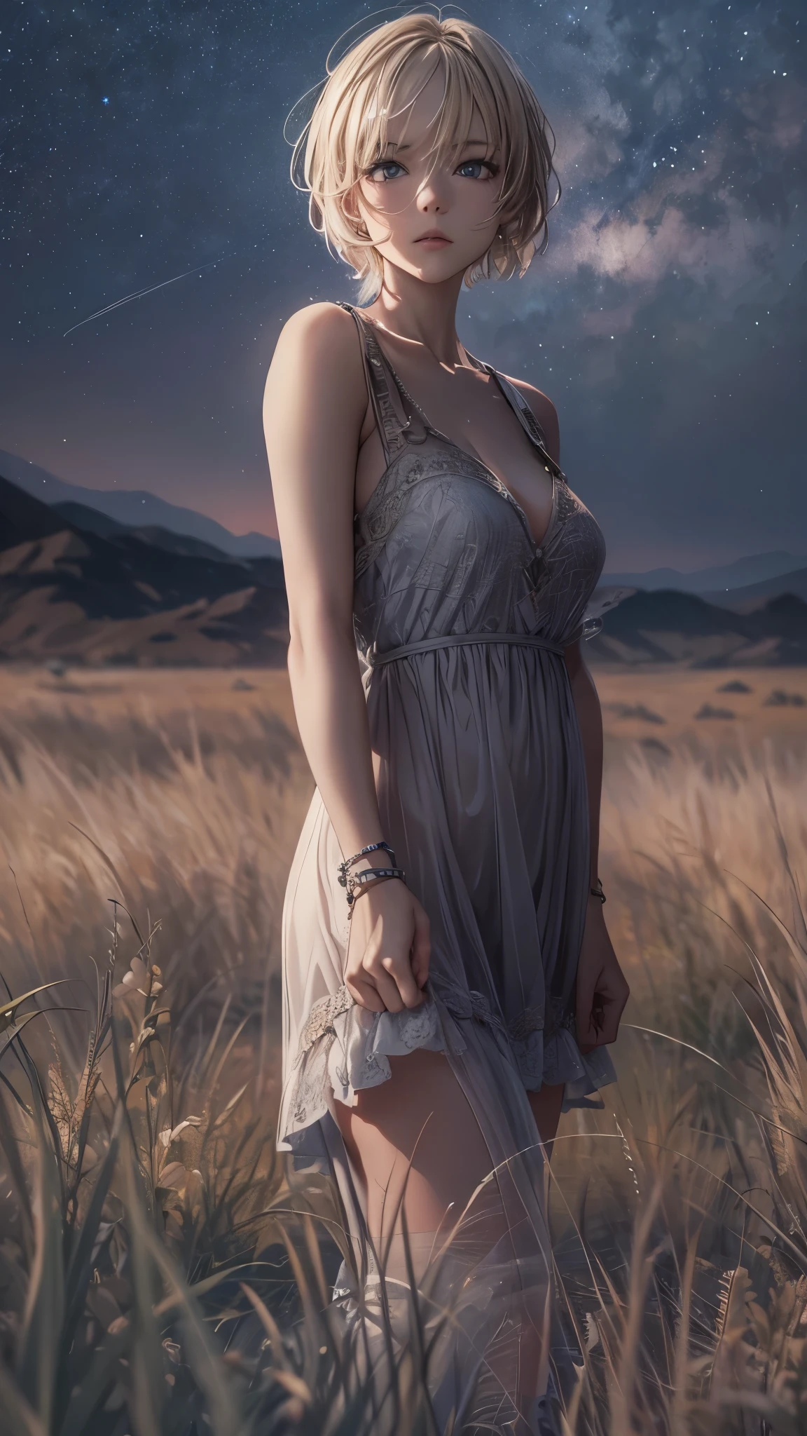 (best quality,4k,8k,highres,masterpiece:1.2),ultra-detailed,realistic,photorealistic:1.37, HDR,UHD,studio lighting,ultra-fine painting,physically-based rendering,extreme detail description,professional,vivid colors,bokeh,girl,lonely,((surreal scene)),((dark sky, giant glass land, ruined, vast grassland)),no one, blond short hair, girl in her twenties