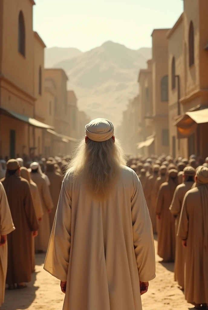 Cinematic shot of a prophet with a long white beard standing in the city of Medina. He wears a white dress, white turban, showing his back. He is giving advice to ancient people. People are wearing beige and brown clothes. They are standing on the ground. Reveal in a desert medina city.