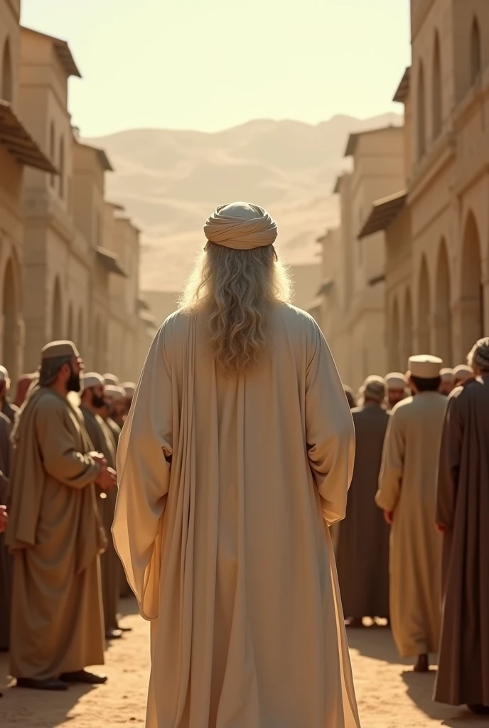 Cinematic shot of a prophet with a long white beard standing in the city of Medina. He wears a white dress, white turban, showing his back. He is giving advice to ancient people. People are wearing beige and brown clothes. They are standing on the ground. Reveal in a desert medina city.