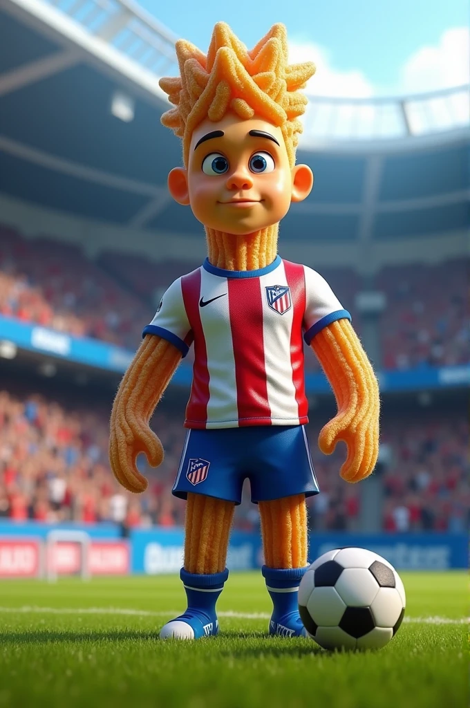 Make a picture of a churro that looks a bit realistic, This churro must be playing a soccer game, must have the Atlético Bucaramanga uniform