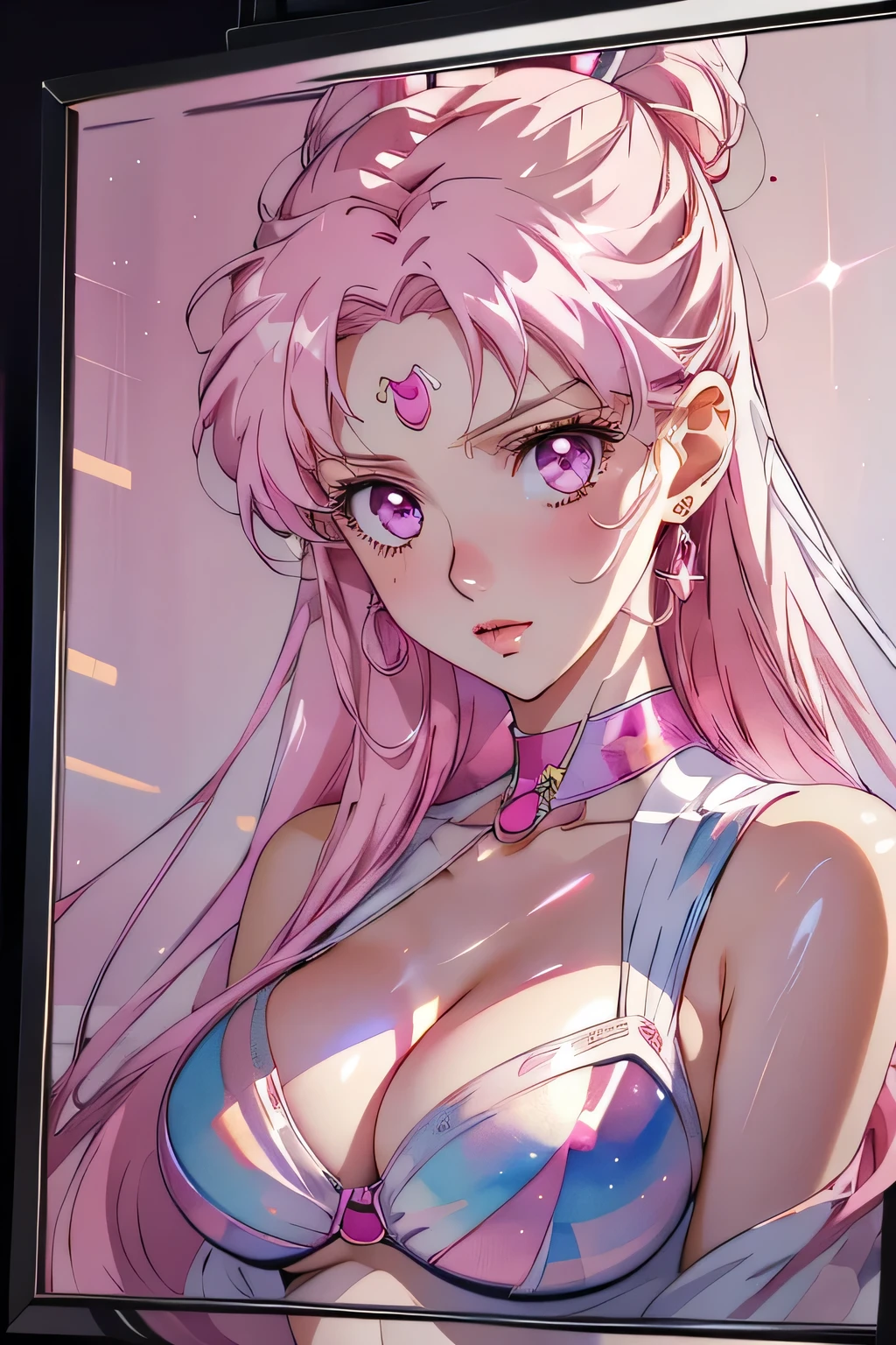 watercolor and oil painting fusion, best quality, hot pink artwork, white line art, beautiful woman self portrait, face portrait, light up, big detailed sparkling eyes, ulzzang, huge breasts, cleavage,