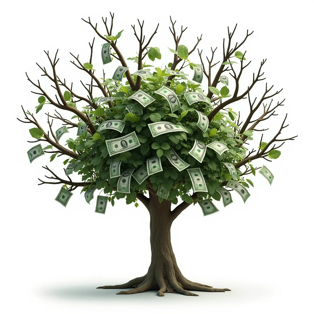 Realistic money tree, white background, with just dollar bills growing like fruits, no leaves, just bills instead of leaves.