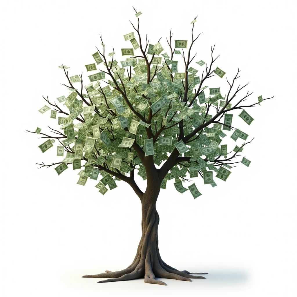 Realistic money tree, white background, with just dollar bills growing like fruits, no leaves, just bills instead of leaves.