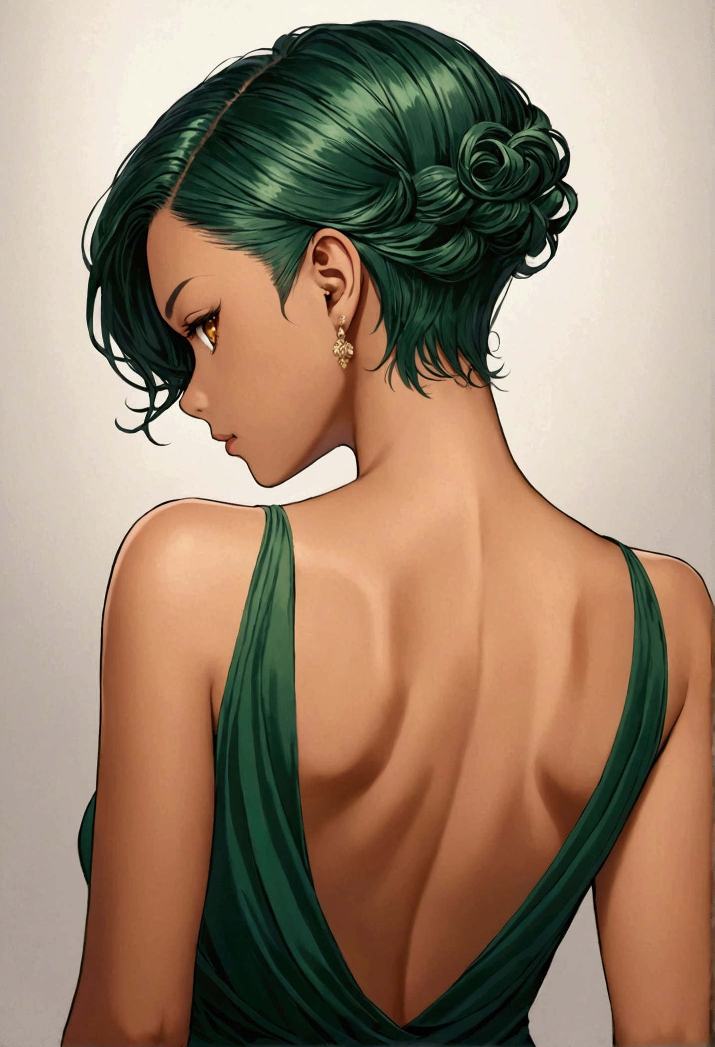 Tan skin Girl Back view
dark green long ponytail with nape undercut
