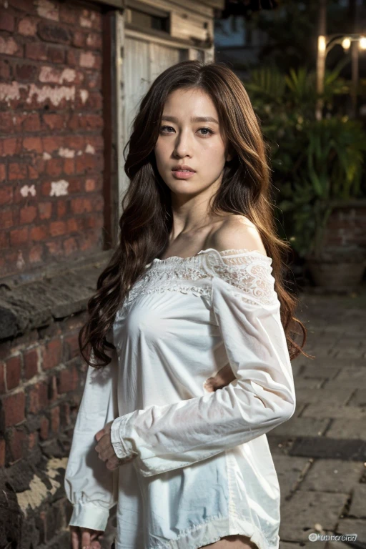 Ultra-realistic 8K, ((Ultra detailed background, delicate patterned, Intricate details)), ((Original Photography:1.28)),best quality, Intricate detailss, Chromatic Aberration, 1 Girl, Long hair, blond hair, Messy hair, Red highlights, Sharp eyes, Long legs,Brick Wall, Graffiti, Night view, alley, Large-size shirt,Off-shoulder, See-through white shirt, masterpiece, best quality