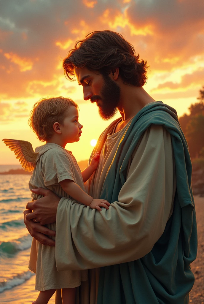 Bookmark of Saint Joseph holding Jesus in his arms, from beside, the sea with sunset