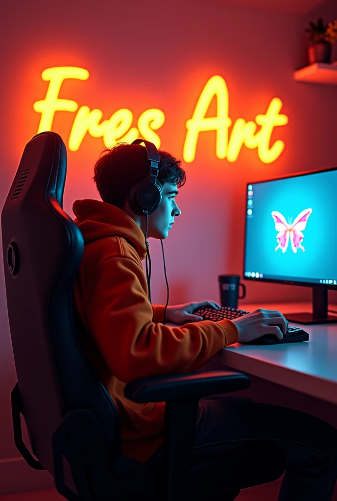 Filme poster, borboleta, ficção científica, Filme, Create a realistic 3D image of a man sitting in a gaming room on a gaming chair and playing the Free Fire app on his PC. The boy should be wearing a dark orange hoodie and headphones and his name "Lucas Artt" is written on the wall in orange neon light.