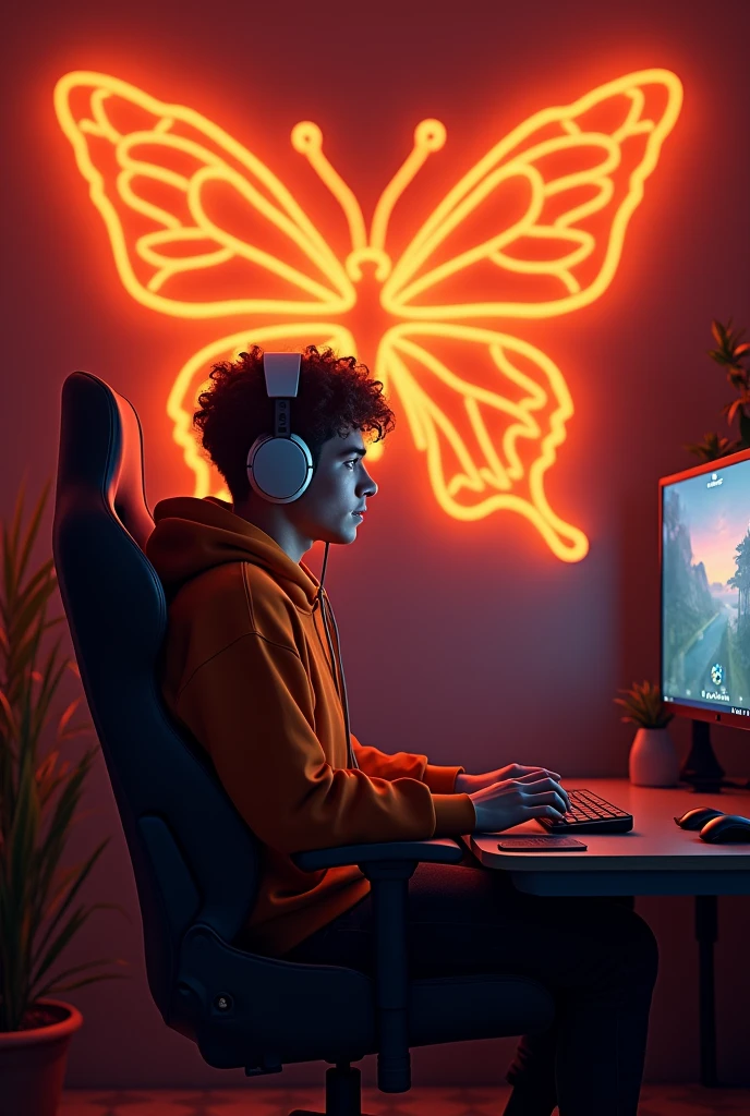 Filme poster, borboleta, ficção científica, Filme, Create a realistic 3D image of a man sitting in a gaming room on a gaming chair and playing the Free Fire app on his PC. The boy should be wearing a dark orange hoodie and headphones and his name "Lucas Artt" is written on the wall in orange neon light.