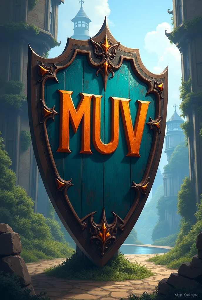 Shield with the letters MUV in the style of the movie Monster University
