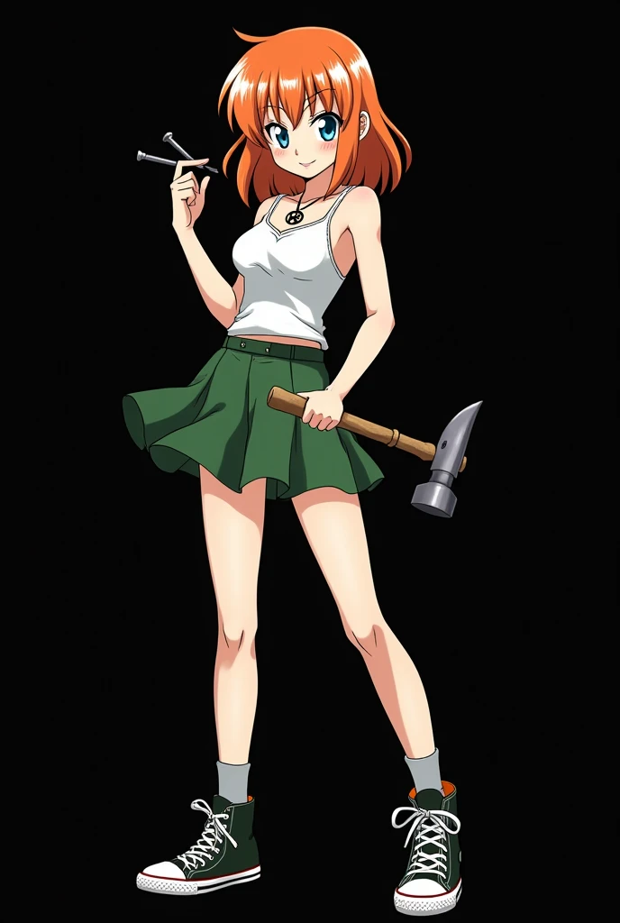 A full body image of an 1 girl named Hana Watanabe, personagem do anime "dragonball z", she is very beautiful, with medium length straight fire-colored hair with two white highlights in the front, framing your face. She has blue-green eyes and pale skin.. she is a Wiccan, she is in fighting pose. she wears a pentagram necklace, croped, glued skirt, beautiful women&#39;s high-top shoes and ¾-long socks, she holds a nail hammer and nails. It is drawn with Akira Toryama&#39;s animation. black backdrop.