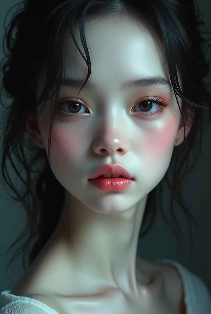 Black eyes, rosy cheeks and pink lips, pale skin