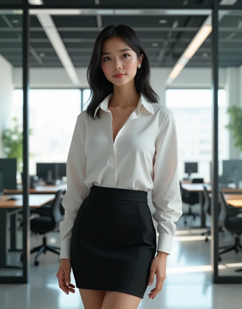 girl standing in office with an office drees on black skirt and white shirt 20 year old breast size C cup hip ratio 0.69 black hair hyper realistic