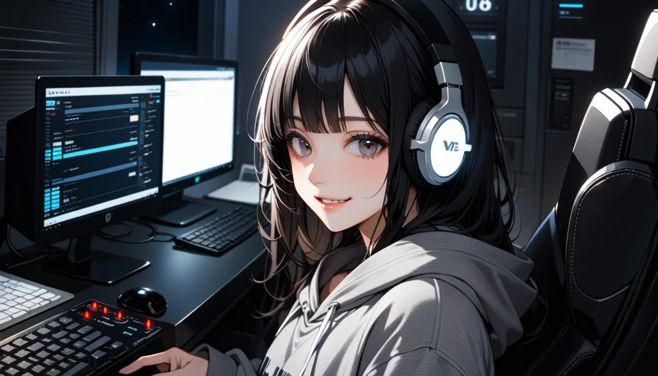 High resolution, masterpiece, Highest quality, Ultra high definition, One person, solo, Beautiful Face, Black Hair, Smile, Close-up, Grey sweatshirt hoodie, Headphones, Night room, machine, machineに一冊本がある, There is one computer