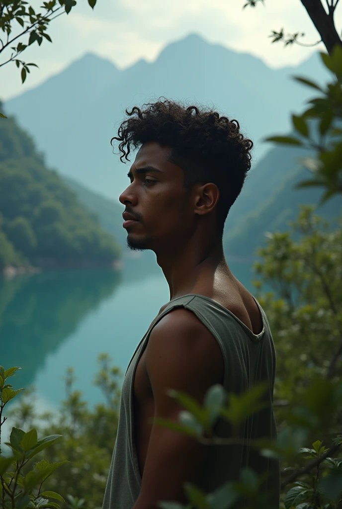 A sad brown-skinned young man With a broken heart in a very beautiful place