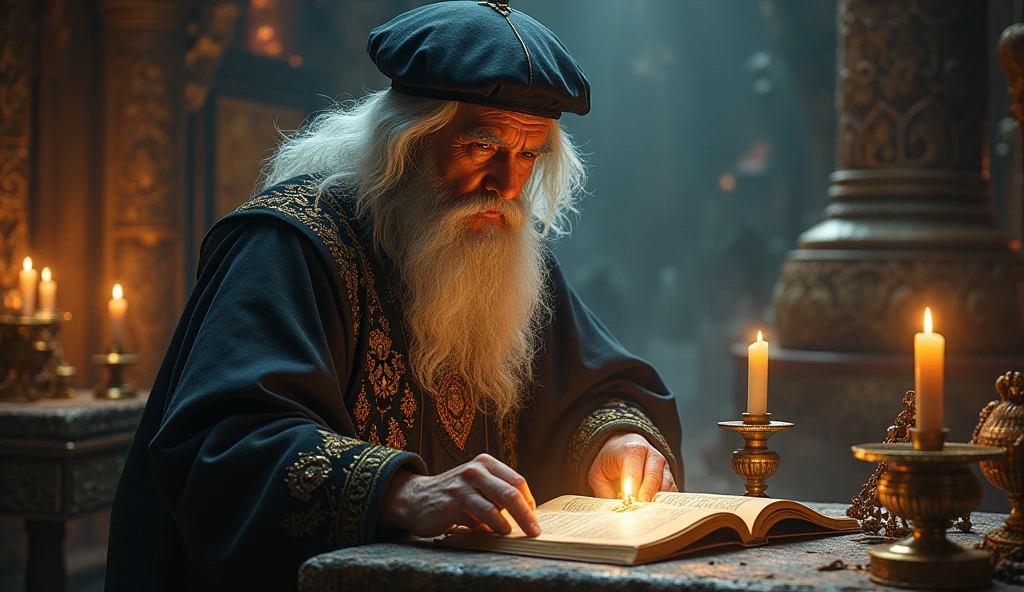 Michael Nostradamus has an oval face and a serious expression, a long beard and long dark, wavy white hair. He usually wears 16th century clothing, including a cloak or cape and a beret-type hat. His eyes are piercing and contemplative. in a temple, he stands thinking and trying to visualize the future through sacred objects that reflect the refraction of light.