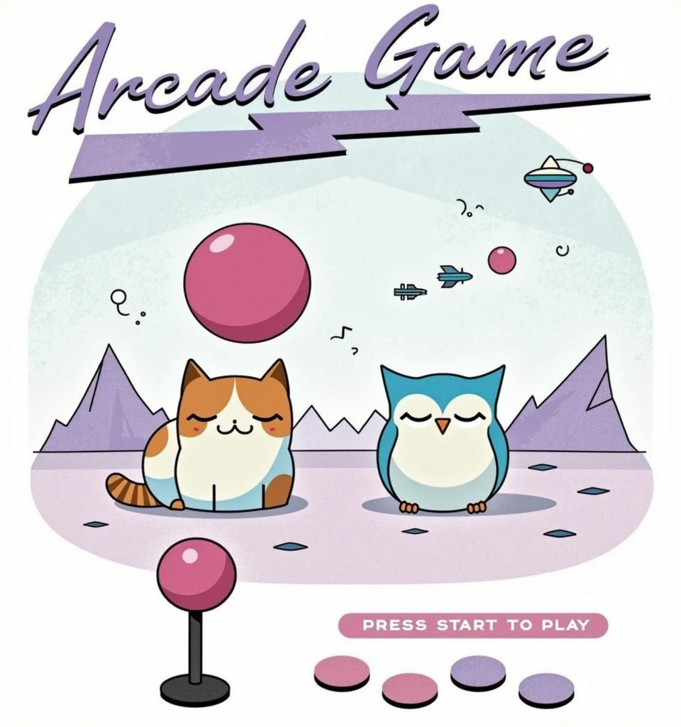 create an art. The image is a stylized graphic with a pastel color palette., predominantly in shades of pink, purple and blue. no topo central, There's the text "Arcade Game" in a fun font with a slight shadow effect. Below this text, ((there are two cartoon style squishmallow animals: to the left, a cat with orange and white fur and closed eyes that suggest contentment; On the right, an owl with blue and white feathers and big round eyes. Both animals are sitting.)), No fundo, there are graphics that resemble mountains in various shades of purple with white outlines that give them a geometric appearance "metaverse style". Above these mountains, float three small spaceships and one larger ship. There is also a large pink planet-like object with rings around it.. Na parte inferior da imagem, there is an arcade game control panel with a joystick on the left side, which has a pink top and a light blue base. To the right of the joystick, there are four buttons: three smaller ones aligned horizontally in light pink colors, dark pink and blue, respectively; Beneath them, there is a larger button in dark pink. No canto inferior direito da imagem, there is additional text saying "PRESS START TO PLAY" inside a speech bubble shaped button design.

