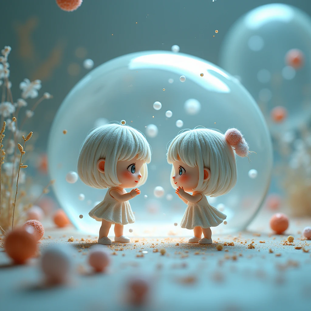 Images captured under an electron microscope show chibi girl characters trying to convey something, round cropped image, conceptual installation art, (ultra detailed, absolutely resolution, best quality:1.3), 2.5D, delicate and dynamic effects, artistic, hyper, graphic CG digital fantasy art