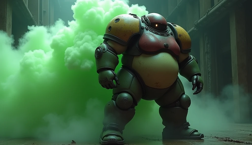 Obese female woman wearing metroid-esque armor farting and releasing green stinky gas from her bottom