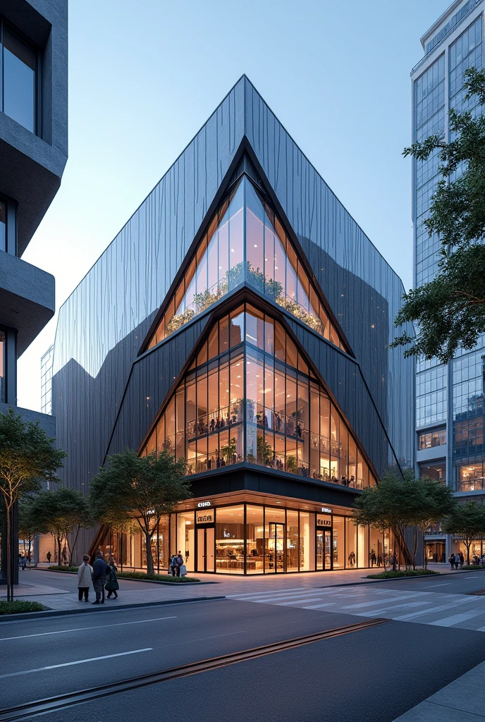 Diamond-shaped shopping mall seen from outside