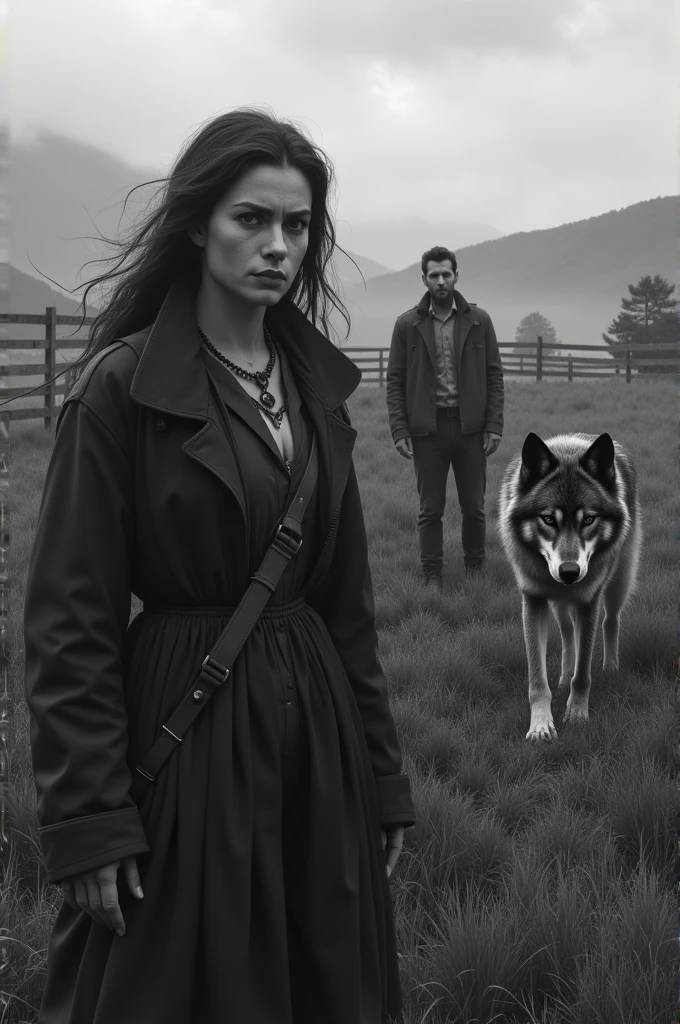 Worried woman,man in the paddock and a wolf there that is in black and white