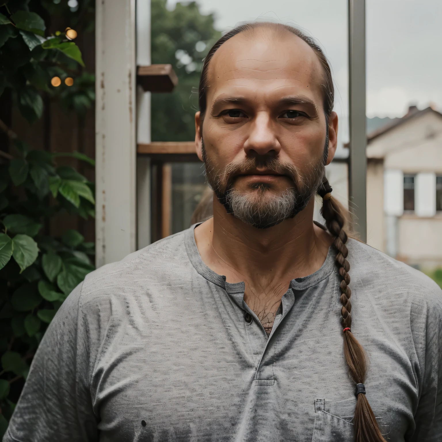 man, 40 years old, slavic, caucasian, stout, balding, one long ponytail, grey beard