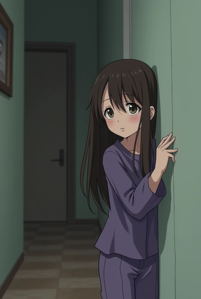 White skin colored girl, Brown hair, purple blouse and pants, sad hiding behind a wall and her parents fighting