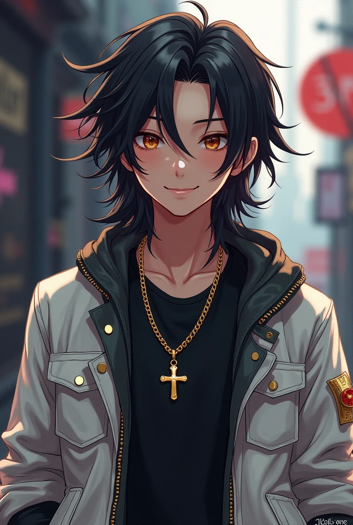 Boy long black hair black t-shirt white jacket with cross chain smiling