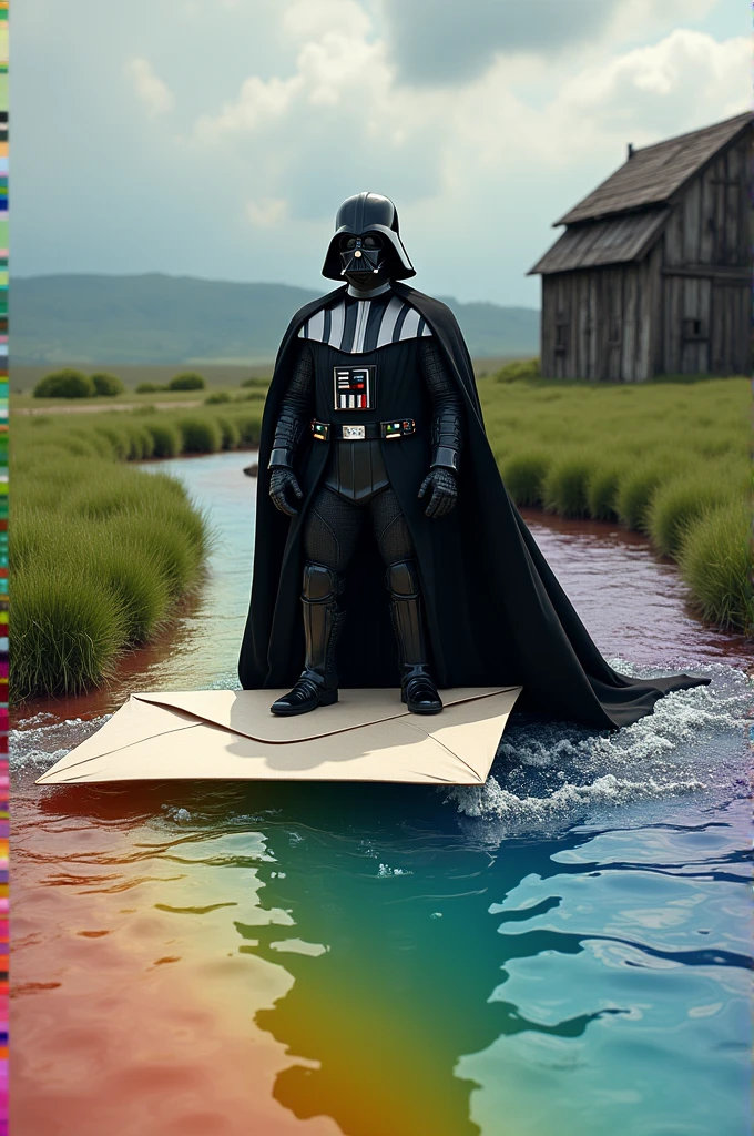 Darth Vader from Star Wars surfing on an envelope on a rainbow flowing river with a barn as the background and grass to the side