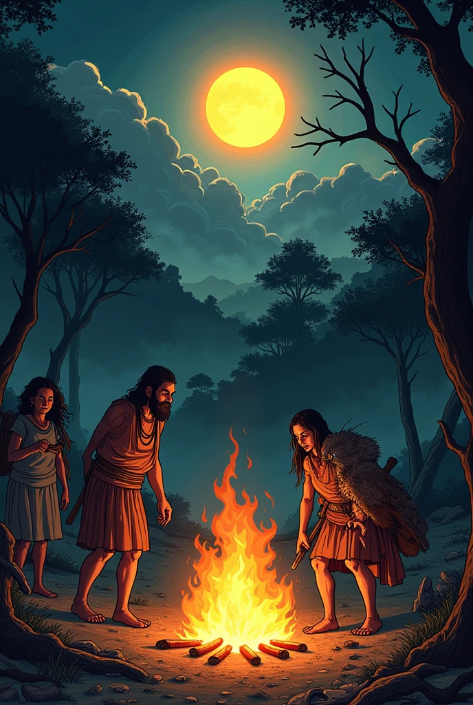 
   make a comic strip with this information.
At the top of the page: Show the Earth at the beginning of time, with a dark and cold landscape. No sunshine, moon or stars, the environment should look dark and desolate.
At the center: Place a small Karajá house with a weak brazier. Draw Cananxiuê on the net, looking lazy, while his wife and other tribe members stand around with worried expressions.
Show the difficulty of searching for firewood To the left of the house: Draw Cananxiuê&#39;s father-in-law looking for firewood in the dark and dangerous forest. Show him getting hurt to illustrate the danger and tiring nature of the task..
Illustrate Cananxiuê&#39;s decision At the bottom of the page: Show Cananxiuê planning his journey to find the light. He must have an expression of determination and no weapons., just with the intention of using his cleverness.
 The capture of Ranranresá In the middle of the page: Draw Cananxiuê pretending to be dead, with the king vulture Ranranresá approaching curiously. Show Ranranresá looking surprised as Cananxiuê grabs and holds him.
Cananxiuê&#39;s desire and the delivery of light On the right of the page: Show Cananxiuê receiving the light of the stars, of the moon and, Finally, of the sun. The sun must be being delivered in an accelerated and agitated way by Ranranresá, who is visibly irritated.
 Cananxiuê controls the sun At the top: Draw Cananxiuê climbing a palm tree and holding the sun. Show the sun with a slower and more regular path, illuminating the Earth and bringing light and warmth to the Karajá home. Place the moon and stars in the night sky, reflecting the continuity of the cycle.
 Show the impact on the lives of the Karajá At the end of the page: Ilustre os Karajá realizando suas atividades diárias sob a luz of the sun, with expressions of relief and satisfaction. Assign a more lively and prosperous environment to represent the improvement brought by light.
