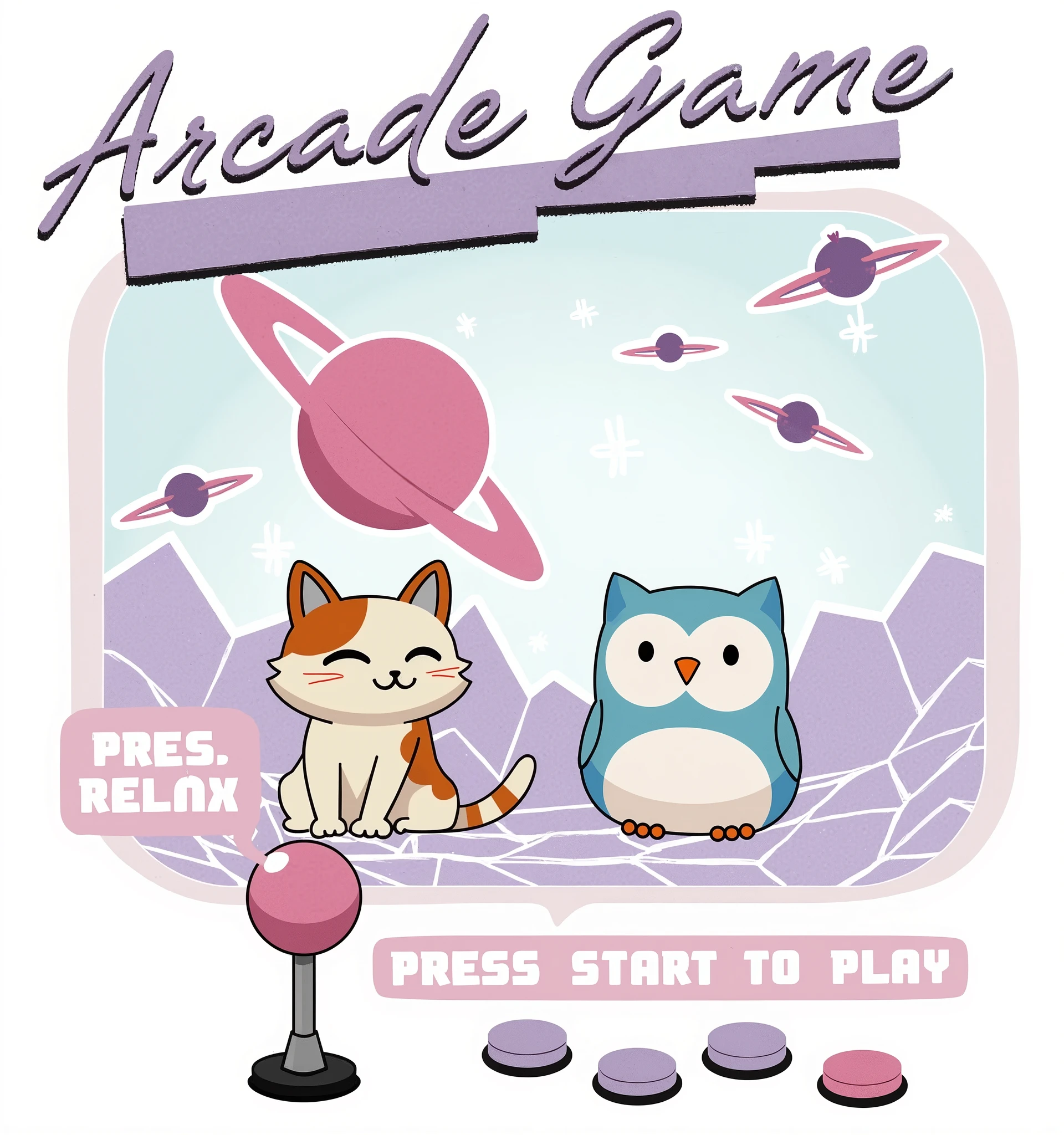 create an art. ((Fun, funny, fly away,)) The image is a stylized graphic with a pastel color palette., predominantly in shades of pink, purple and blue. no topo central, There's the text "Arcade Game" em uma fonte Fun com um leve efeito de sombra. Below this text, ((there are two cartoon style squishmallow animals: to the left, a cat with orange and white fur and closed eyes that suggest contentment; On the right, an owl with blue and white feathers and big round eyes. Both animals are sitting.)), No fundo, there are graphics that resemble mountains in various shades of purple with white outlines that give them a geometric appearance "metaverse style". Above these mountains, float three small spaceships and one larger ship. There is also a large pink planet-like object with rings around it.. Na parte inferior da imagem, there is an arcade game control panel with a joystick on the left side, which has a pink top and a light blue base. To the right of the joystick, there are four buttons: three smaller ones aligned horizontally in light pink colors, dark pink and blue, respectively; Beneath them, there is a larger button in dark pink. No canto inferior direito da imagem, there is additional text saying "PRESS START TO PLAY" inside a speech bubble shaped button design.

