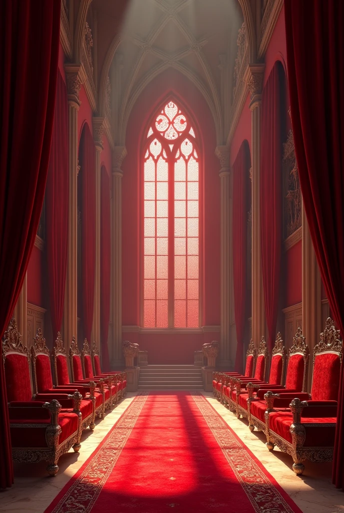 Can you create a huge royal hall??, very wide, with gothic style windows with red curtains, with completely red walls, French medieval style furniture, red carpeted floor, red carpets, completely red upholstery, very intense, through the opaque red stained glass windows