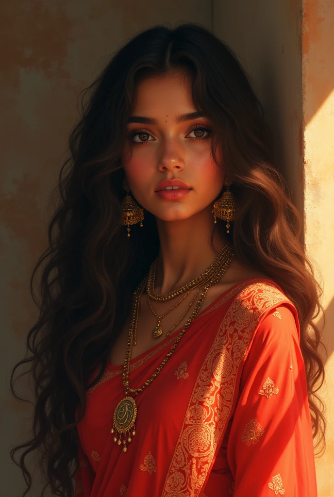A girl of Indian origin, with the Sari, 20 years old, slightly brown skin, with long curly hair and characteristic makeup