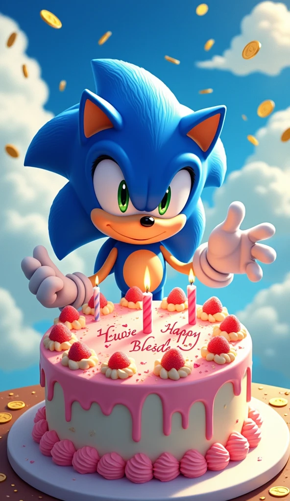 A fantastic illustration，Cute Sonic the hedgedog birthday cake, Lovely birthday , Blessings from the princess､ Amazing, Unbridled fantasies, Colored pencils, muted pastels, Vibrant colors, captivating lighting, Whimsical atmosphere, Happy birthday theme background, gold coins, Floating in the sky, Magical surrealism, Mysterious Shadows, Fluffy marshmallow clouds, Engaging details, curious onlookers, An expression of happiness, Mystery and wonder, uplifting mood,Bright background, Delicate brushstrokes, Fantasy world, Happy characters, Pleasant smile, Luminism, Hyperrealism, Ghibli-like colours, first-person view, UHD, anatomically correct, textured skin, masterpiece, high details, super detail, highres