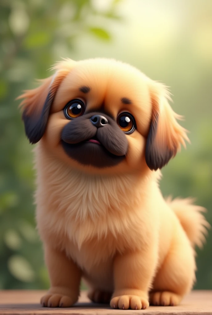 caramel colored dog, Pekingese breed, delicate features, approximately , pink nose and brown eyes