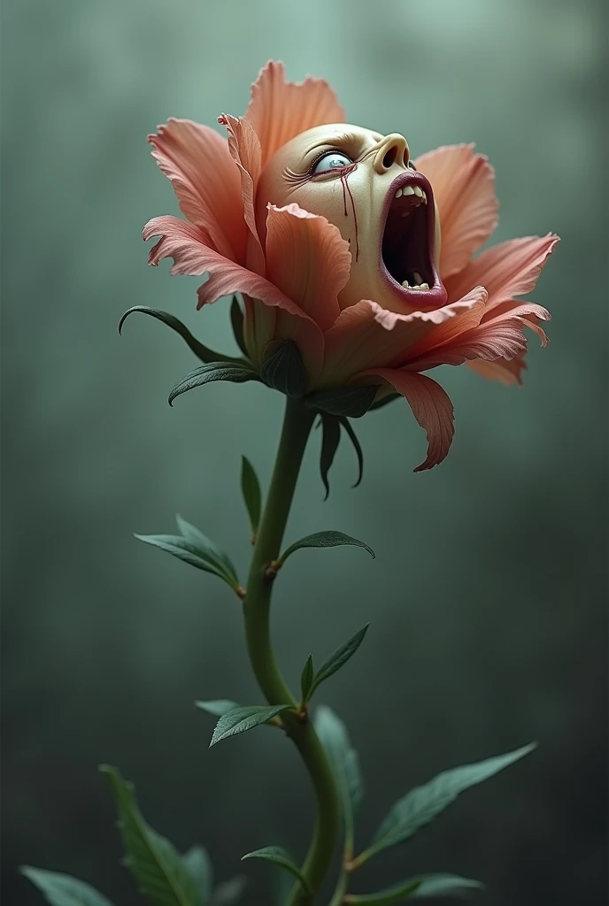 Create a wilted flower so that the stem curves towards the ground as if the flower is falling backwards. But make the flower have a face of extreme terror and look up in profile while bending backwards.