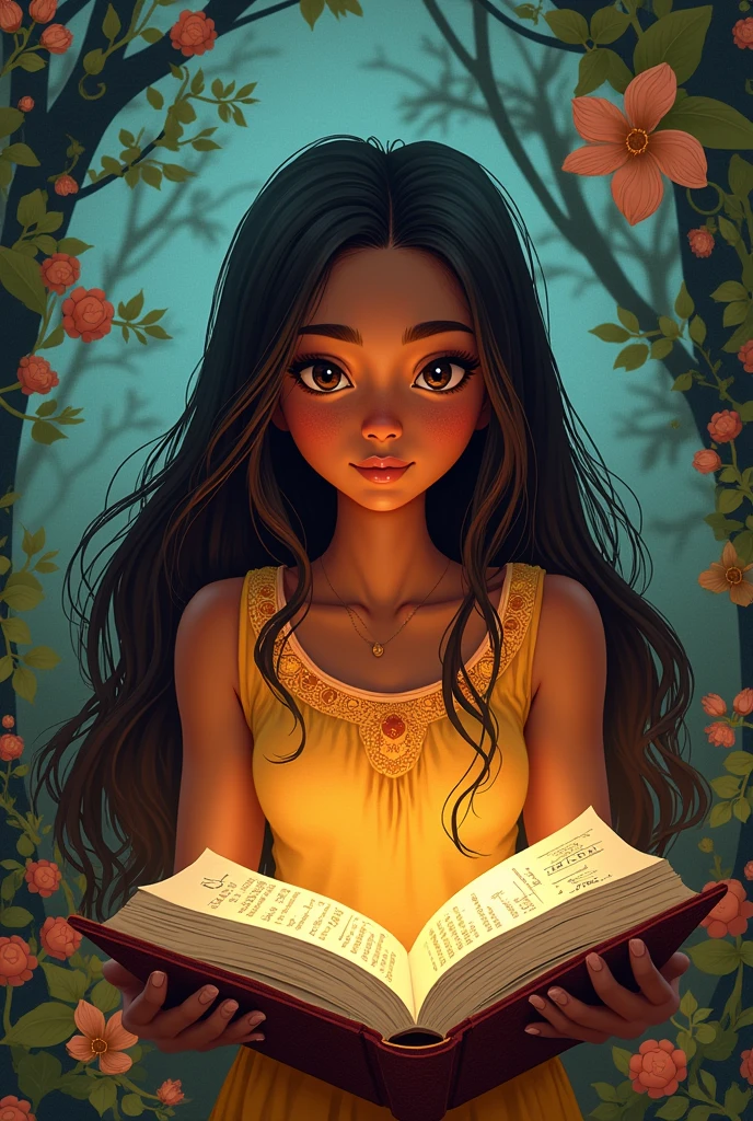 Movie Listings.
Movie called mirian Disney style Character: women, 30 years, brown slanted eyes , straight hair,long,chestnut,  Round face, Dark skin,Aboriginal features.
With a book of mathematical analysis.


