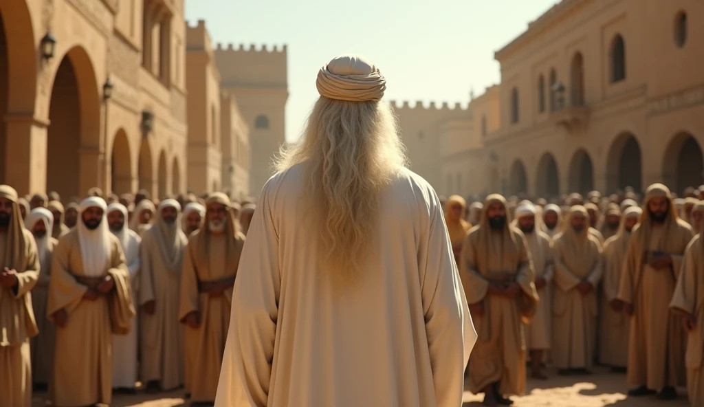 Cinematic shot of a prophet with a long white beard standing in the city of Medina. He wears a white dress, white turban, showing his back. He is giving advice to ancient people. People are wearing beige and brown clothes. They are standing on the ground. Reveal in a desert medina city.