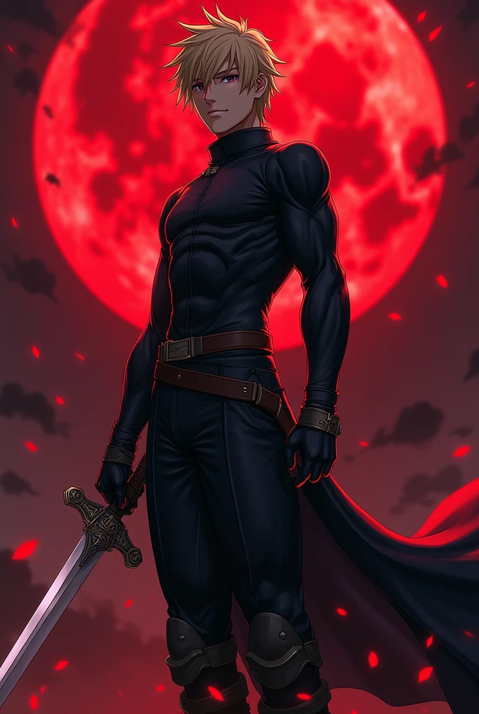 Male blonde haired sword fighter with a blood moon in anime character style from sword art online